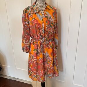Bright Orange Floral Tie-Waist Long Sleeve Shirt Dress
